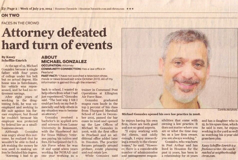 Article clipping from the Houston Chronicle about Mike Gonzalez